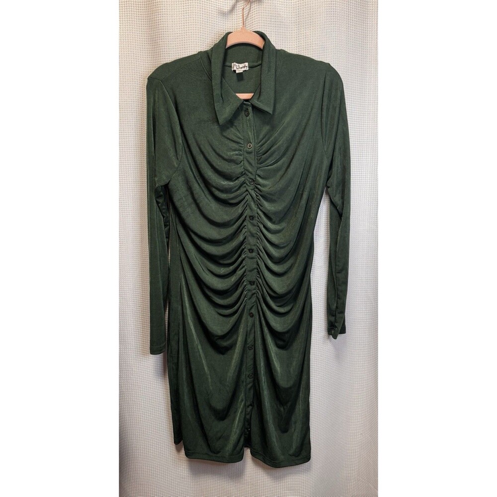 J for Justify Dress 1X Green Ruched Button Front Collared Long Sleeve Stretch